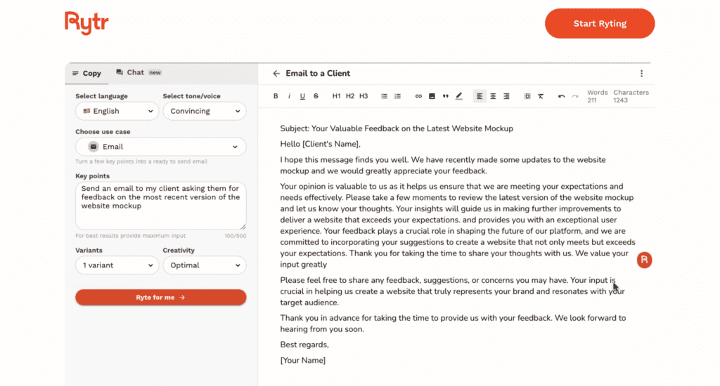 Rytr business blog writing AI